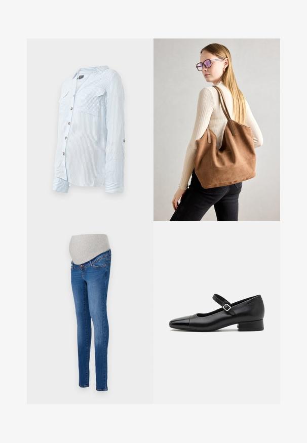 Chemise à rayures bleu clair avec un col boutonné et des manches longues, deux poches poitrine, et des manches retroussées fixées par des boutons. Tissu doux et léger.; Jeans de maternité en denim bleu avec une coupe ajustée. Dotés d'un panneau en stretch gris pour le confort. Design classique à cinq poches avec un léger délavage.; Chaussures Mary Jane en cuir noir avec un embout en vernis, une sangle cheville réglable et un petit talon carré. Texture lisse et design élégant.; Sac fourre-tout en daim marron avec une texture douce, grande ouverture et longues sangles. Présente un design simple avec des coutures visibles et sans matériel.