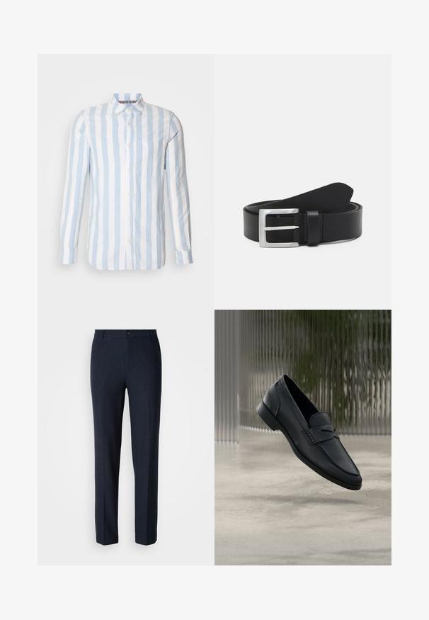 Hellblaue und weiße gestreifte Langarmbluse aus Leinen mit Knopfleiste und einer einzelnen Brusttasche.; Marineblaue Hose aus einem glatten Stoff. Sie verfügt über ein gerades Bein-Design mit einem einzelnen Knopfverschluss und Standardtaschen.; Schwarzer Lederloafer mit glatter Oberfläche, spitzer Zehenpartie und gestickten Details über dem Spann. Niedriger Absatz und minimalistisches Design.; Schwarzer Leder Gürtel mit glatter Textur, silberner rechteckiger Schnalle und einer Schlaufe für das Ende. Verfügt über eine saubere Naht entlang der Kanten.