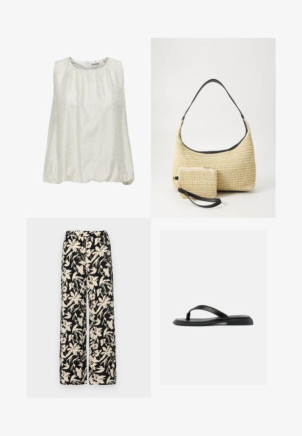 Débardeur blanc sans manches avec un motif texturé subtil, présentant un col rond et une taille froncée pour un ajustement décontracté.; Pantalon large noir avec un motif floral crème. Fabriqué en tissu léger, il présente une texture lisse et une taille haute.; Sandale noire plate en forme de tongs avec une bride texturée et un talon légèrement surélevé, montrée en profil latéral sur un fond clair uni.; Sac à main en paille tissée avec une silhouette courbée, doté d'une bandoulière en cuir noir lisse et d'une petite pochette assortie attachée par une sangle pour le poignet.
