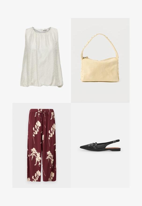 Débardeur blanc sans manches avec un motif texturé subtil, présentant un col rond et une taille froncée pour un ajustement décontracté.; Pantalons larges bordeaux en tissu léger ornés d'un motif floral crème, avec une taille élastique à cordon de serrage et deux poches latérales.; Chaussure plate noire en cuir avec un bout pointu, dotée de deux lanières horizontales et de boucles carrées en argent, avec un faible talon et une texture lisse.; Petit sac à main en cuir beige avec une seule bandoulière et des clous argentés le long des bords et de la bandoulière, posé sur un fond uni.