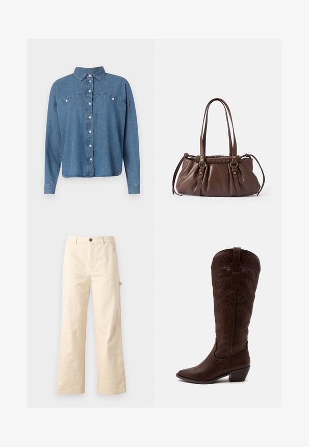 Blå denimskjorte med krave, knaplukning foran og lange ærmer. Har to forlommer og en afslappet pasform.; Bredde-beige bukser lavet af bomuld med knaplukning, udstyret med sidelommer og et rent, minimalistisk design.; Høj brun læder cowboystøvle med detaljerede sømme, en spids tå og en blok hæl på en ensartet lys baggrund.; Brun læderhåndtaske med to lange håndtag, samlet design, aksenter i guldtonet metal og en tekstureret overflade.