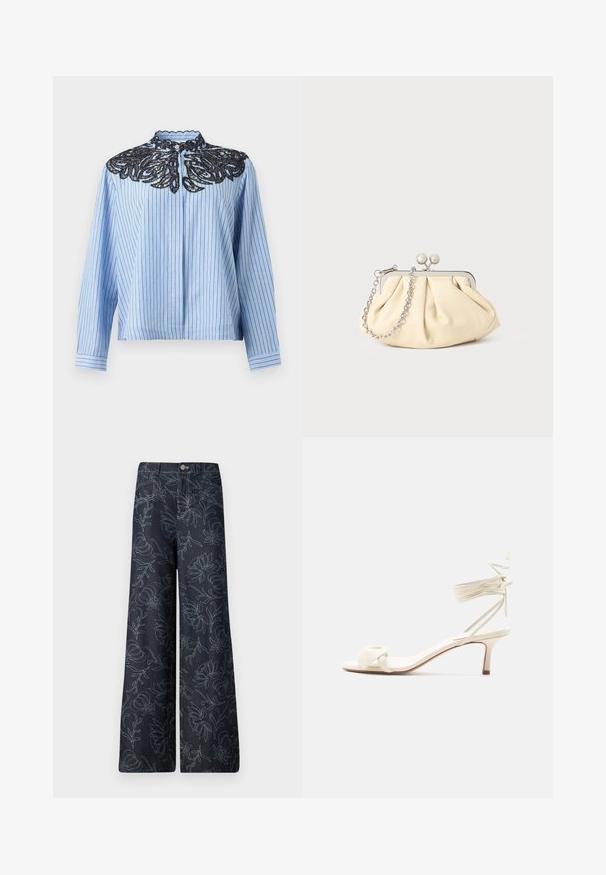 Blue and white vertical striped long-sleeve blouse with black lace floral embroidery around the collar and button closure at the neck.; Dark denim wide-leg trousers featuring an embroidered floral pattern in light blue. Classic five-pocket design with a front button closure.; Cream-colored low-heeled sandal with ankle wrap ties and a wide twisted strap over the toes on a plain white background.; Pleated beige leather clutch with a silver metal frame, featuring two round decorative clasps and a silver chain strap.