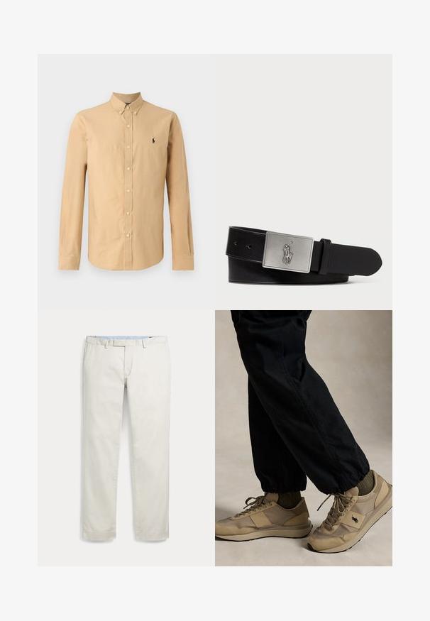 Langärmliges Hemd mit Knopfleiste aus leicht beige Baumwolle. Verfügt über einen spitzen Kragen und ein kleines schwarzes Logo auf der linken Brust. Glatte Textur.; Hellbeige Herrenhose mit geradem Bein, Gürtelschlaufen und Seitentaschen, flach auf weißem Hintergrund dargestellt.; Person, die beige Schnürsneakers mit schwarzem Logo, olivgrünen Socken und schwarzen Hosen mit elastischen Bündchen trägt, die auf einem neutralen Boden steht.; Schwarzer Leder-Gürtel mit einer rechteckigen silbernen Metall-Schnalle, die ein geprägtes Reiter-Logo trägt, glatter Textur und fünf Gürtellöchern.