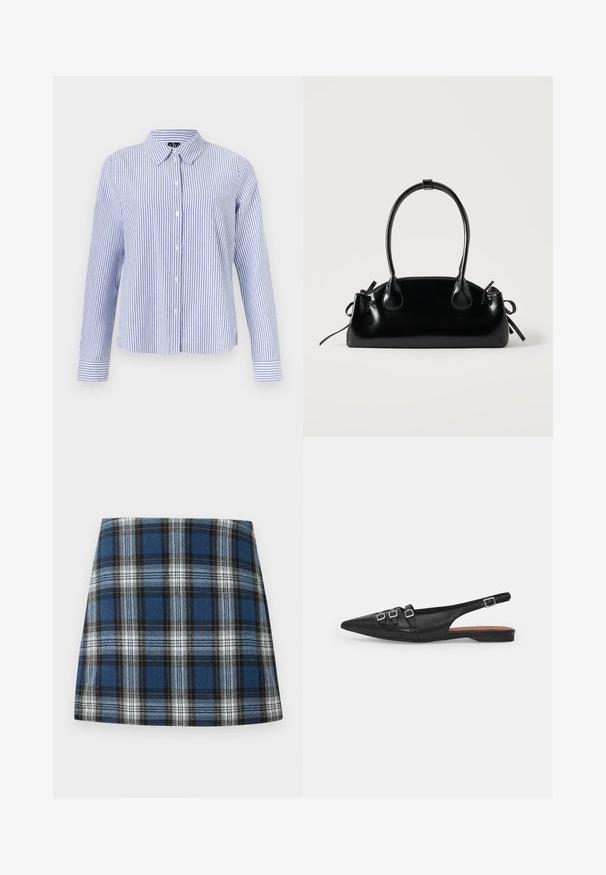 Chemise à manches longues boutonnée, avec des rayures verticales blanches et bleu clair et un col pointu, présentée sur un fond uni.; Jupe en tartan bleu présentant un motif à carreaux varié en bleu, noir et blanc. Fabriquée dans un tissu texturé avec une silhouette ajustée.; Chaussure plate noire en cuir avec un bout pointu, dotée de deux lanières horizontales et de boucles carrées en argent, avec un faible talon et une texture lisse.; Petit sac à main noir brillant avec deux longues anses et des détails à cordon sur les côtés sur un fond clair uni.