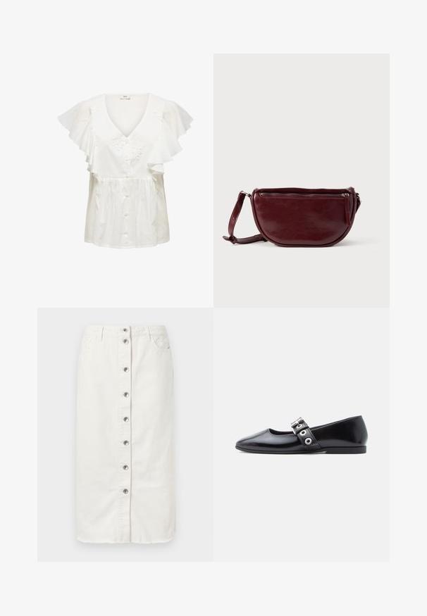 Witte blouse met korte, geplooide mouwen, een diepe V-hals, knoopsluiting aan de voorkant en bloemrijke borduursels op het lijfje. Lichtgewicht stof.; Witte denim midi-rok met knoopsluiting aan de voorkant, twee zijzakken en geborduurde accenten op de tailleband. Beschikt over een onafgewerkte zoom.; Zwart lakleren platte schoen met een vierkante neus, zijgespdetail en een lage, afgeronde hak. Gladde textuur en minimalistisch ontwerp.; Dieprode lederen handtas met een halve-maansvorm, een ritssluiting en een afneembare riem. Gladde textuur met een subtiele glans.