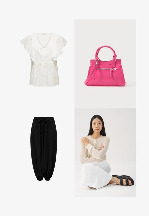 Witte blouse met korte, geplooide mouwen, een diepe V-hals, knoopsluiting aan de voorkant en bloemrijke borduursels op het lijfje. Lichtgewicht stof.; Zwarte losse broek met elastische taille en enkels, aantrekkoord in de taille en geplooide boorden.; Lichtbeige lange mouw blouse met knoopjes, gecombineerd met een witte rok; model draagt zwarte sandaaltjes met bandjes en zit met gekruiste armen.; Roze leren handtas met dubbele handvatten, decoratief zijvetersluiting en een voorvak met ritssluiting. Glad oppervlak, gestructureerde vorm.