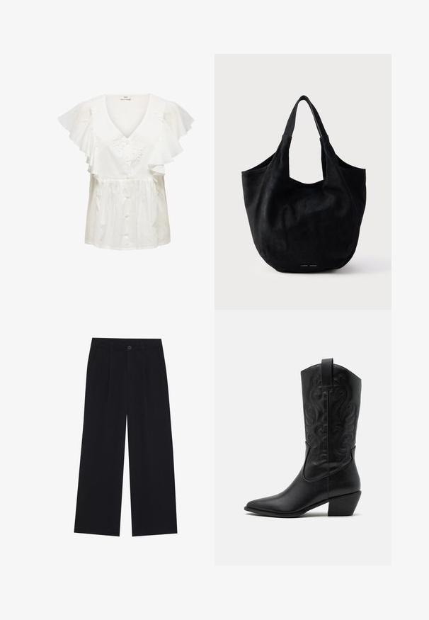 Witte blouse met korte, geplooide mouwen, een diepe V-hals, knoopsluiting aan de voorkant en bloemrijke borduursels op het lijfje. Lichtgewicht stof.; Zwart brede broek van een gladde stof. Heeft plooien aan de voorkant, een knoopsluiting en zijzakken. Eenvoudig ontwerp zonder patronen.; Zwarte leren cowboylaars met een spitse neus, gegraveerde draaiende patronen en een halfhoge hak. Voorzien van een trekhaak voor gemakkelijk aan- en uittrekken.; Zwarte suède tas met zachte textuur, brede opening en twee schouderbanden. Minimalistisch ontwerp zonder zichtbare metalen accessoires of patronen.
