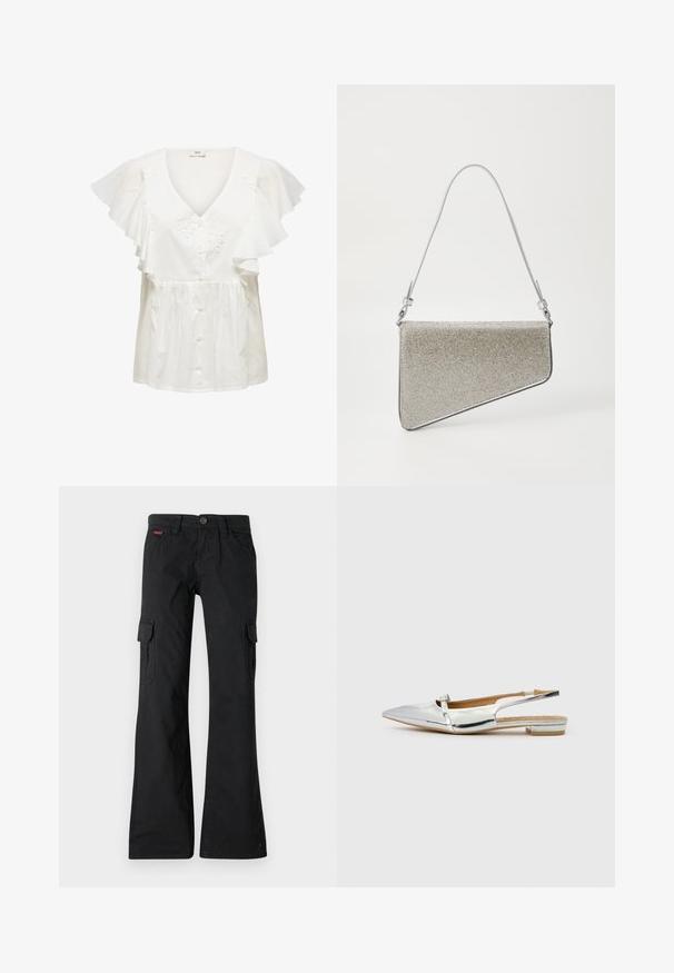 Blouse blanche à manches courtes à volants, col en V profond, fermeture à boutons sur le devant et broderie florale sur le corsage. Tissu léger.; Pantalons cargo noirs avec une coupe droite. Comprend deux poches latérales, une fermeture à bouton et un petit logo brodé sur la taille.; Chaussure à plat argenté métallisé avec un talon carré bas, un bout pointu et un détail de boucle décoratif. Texture lisse, design minimaliste.; Pochette de forme triangulaire, recouverte d'un tissu en mailles argentées. Équipée d'une fine sangle réglable et d'accents en métal.