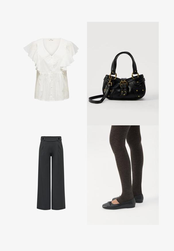 Witte blouse met korte, geplooide mouwen, een diepe V-hals, knoopsluiting aan de voorkant en bloemrijke borduursels op het lijfje. Lichtgewicht stof.; Zwarte wijde broek met hoge taille en knoopdetails op de tailleband, de voornaad en rechte zoom.; Benen met donkere geribbelde leggings gecombineerd met zwarte ballerina's met kleine strikdetails op een witte achtergrond.; Zwarte leren handtas met gouden gesp en klinknagel details, korte handvatten en een verstelbare schouderriem op een effen witte achtergrond.