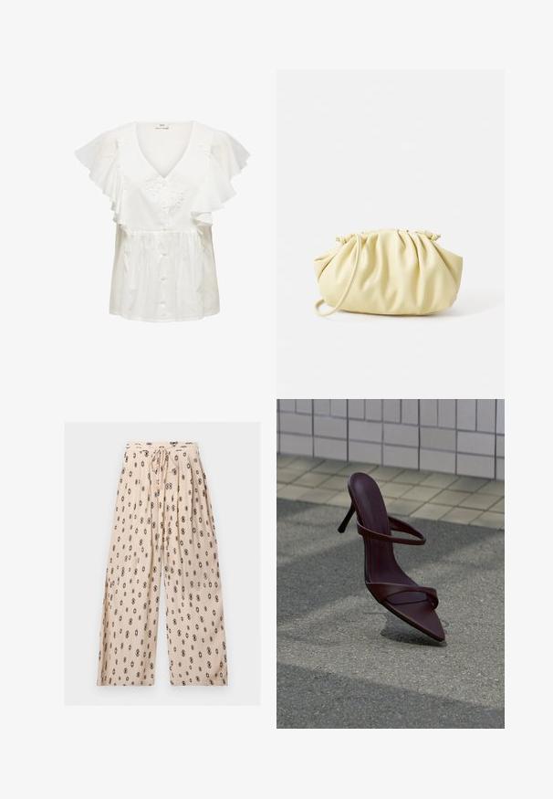 Blouse blanche à manches courtes à volants, col en V profond, fermeture à boutons sur le devant et broderie florale sur le corsage. Tissu léger.; Pantalon beige à jambes larges avec imprimé géométrique noir, taille élastique et cordon de serrage à l'avant avec embouts dorés.; Sandale à talon haut brun foncé avec des lanières fines, flottant au-dessus d'un bitume gris près d'un mur carrelé.; Sac à main plissé jaune en simili cuir lisse, arborant une forme douce avec une bandoulière unique et un design froncé sur le dessus.