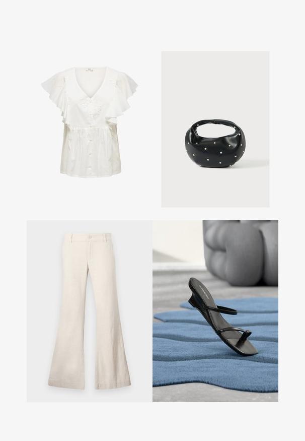 Witte blouse met korte, geplooide mouwen, een diepe V-hals, knoopsluiting aan de voorkant en bloemrijke borduursels op het lijfje. Lichtgewicht stof.; Uitlopende beige broek gemaakt van een lichtgewicht linnenmix stof. Voorzien van een knoopsluiting aan de voorkant en zijzakken. Soepele textuur, casual ontwerp.; Zwarte sandalen met bandjes en teenlus, gepresenteerd op een blauw gestructureerd tapijt, met een groot grijs decoratief object wazig op de achtergrond.; Zwarte leren handtas met een afgeronde vorm, versierd met zilveren studs, en een korte handgreep. Gladde textuur en ritsluiting.