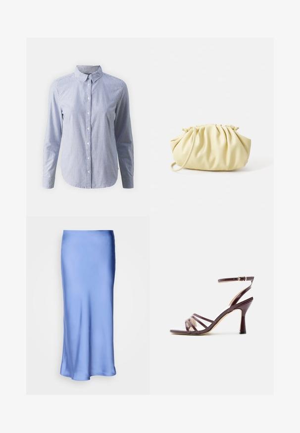 Overhemd met knopen in blauw en witte verticale strepen; lange mouwen, kraag en een gladde katoenen textuur met een rechte zoom.; Satijnen blauwe midi-rok met een gladde, glanzende afwerking. Uitlopende silhouet, de zoom loopt zachtjes gebogen, waardoor het vloeiende ontwerp wordt benadrukt.; Donkerpaarse lakleren sandaal met hoge hak, met dunne bandjes over de tenen en een enkelbandje met gouden gesp op witte achtergrond.; Geel geplooide handtas van soepel nepleer, met een zachte vorm, een enkele schouderriem en een verzameld ontwerp aan de bovenkant.