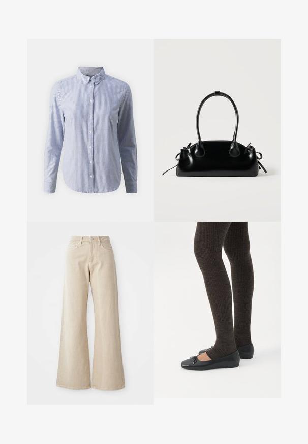 Overhemd met knopen in blauw en witte verticale strepen; lange mouwen, kraag en een gladde katoenen textuur met een rechte zoom.; Beige wijde jeans van denim, met een hoge taille, voorzakken en een eenvoudig ontwerp zonder patronen of accenten.; Benen met donkere geribbelde leggings gecombineerd met zwarte ballerina's met kleine strikdetails op een witte achtergrond.; Kleine zwarte glanzende handtas met twee lange hengsels en zijkant trekkoord details op een effen lichte achtergrond.
