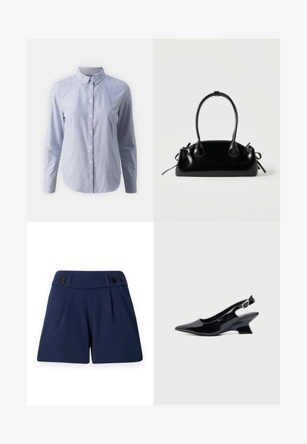 Overhemd met knopen in blauw en witte verticale strepen; lange mouwen, kraag en een gladde katoenen textuur met een rechte zoom.; Marineblauwe op maat gemaakte shorts van lichtgewicht stof, met twee voorplooien en twee zwarte knopen op de tailleband.; Zwarte lakleren slingback schoen met spitse neus en lage schuine blokhak op een effen lichte achtergrond.; Kleine zwarte glanzende handtas met twee lange hengsels en zijkant trekkoord details op een effen lichte achtergrond.