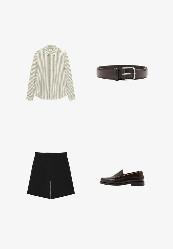 Chemise claire à boutons avec des rayures verticales foncées, une poche poitrine unique et des manches longues. Fabriquée en tissu lisse avec un col.; Short noir sur mesure avec passants de ceinture, plis devant et poches latérales, posé à plat sur un fond blanc.; Mocassin penny en cuir marron foncé avec bout moc cousu, talon bas et finition lisse, présenté de profil sur fond blanc.; Ceinture en cuir marron foncé avec boucle en métal argenté, roulée et posée à plat sur un fond blanc.