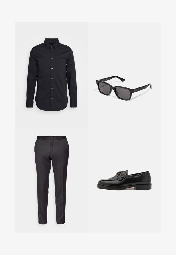 Camisa negra de manga larga y botonadura, confeccionada en una tela suave, con un cuello clásico, mangas de longitud completa y un pequeño logo en el pecho.; Pantalones negros a medida, confeccionados en una tela suave, con un corte ajustado, pierna recta y diseño de frente plano con trabillas para cinturón.; Mocasines de cuero negro con punta redonda y un acento decorativo de hebilla. Tacón plano y sólido, con una textura suave en todo el zapato.; Gafas de sol rectangulares negras con lentes oscuros. Acabado mate, logo dorado en la patilla y brazos rectos y afilados.