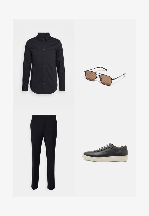 Schwarzes, langärmliges Hemd mit Knopfleiste aus glattem Stoff, mit klassischem Kragen, langen Ärmeln und kleinem Logo auf der Brust.; Schwarze Hose aus gewebtem Stoff, mit taillierter Passform, flachem Bund, seitlichen Taschen und geradem Bein.; Schwarze Ledersneaker mit einer weißen Gummisohle, runder Zehenpartie und flachen Schnürsenkeln, seitlichen Nähdetails und subtiler Markenkennung.; Rechteckige Sonnenbrille mit dunklem Metallrahmen und braunen, gemusterten Gläsern, die ein sich wiederholendes Logo-Design aufweisen. Schildpatt-Akzente an den Bügeln.