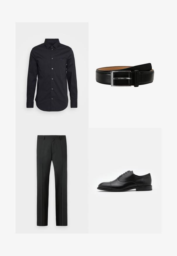 Camisa negra de manga larga y botonadura, confeccionada en una tela suave, con un cuello clásico, mangas de longitud completa y un pequeño logo en el pecho.; Pantalones de vestir negros a medida con trabillas para cinturón y pliegue frontal, mostrados sobre un fondo gris claro.; Zapato de vestir de cuero negro con punta redonda, diseño con cordones y detalles de costura sutiles. Presenta un tacón bajo y una textura suave.; Cinturón de cuero negro con una hebilla rectangular plateada, que presenta una textura suave y un forro en tono marrón claro en el lado interior.
