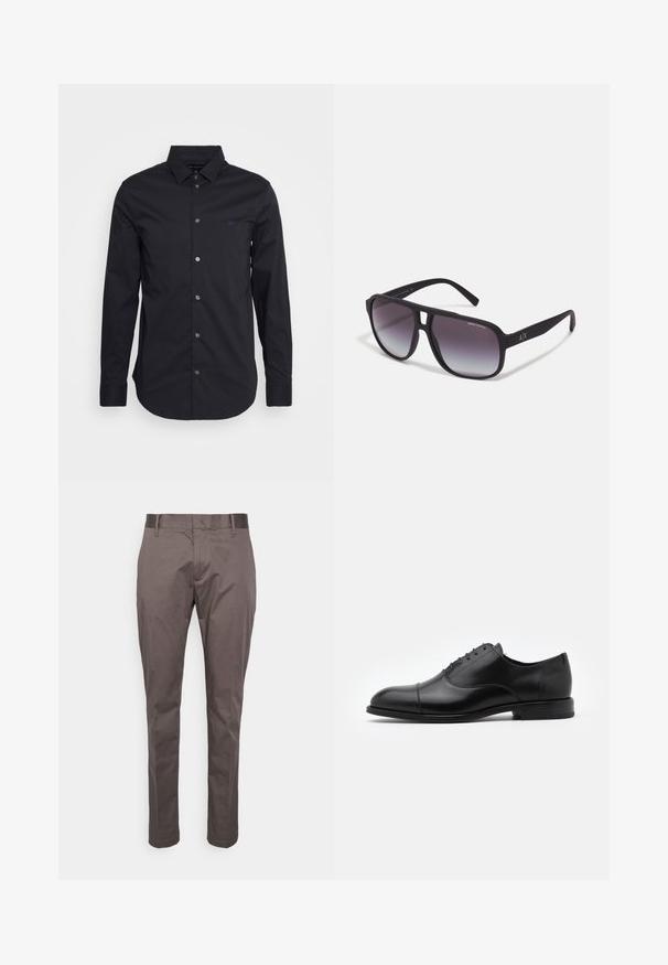 Sort langærmet skjorte med knaplukning lavet af glat stof, med klassisk krave, langærmede ærmer og et lille logo på brystet.; Grå bomuldsbukser med slim fit, flad front, bæltestropper og syninger ved kanten. Glat tekstur uden synlige mønstre.; Sorte læderdress sko med rund tå, snørebåndsdesign og diskrete syninger. Har en lav hæl og glat tekstur.; Sorte solbriller med en tykk, rektangulær ramme og gradientlinser. Har sølv branding på siden og mat tekstur på stængerne.
