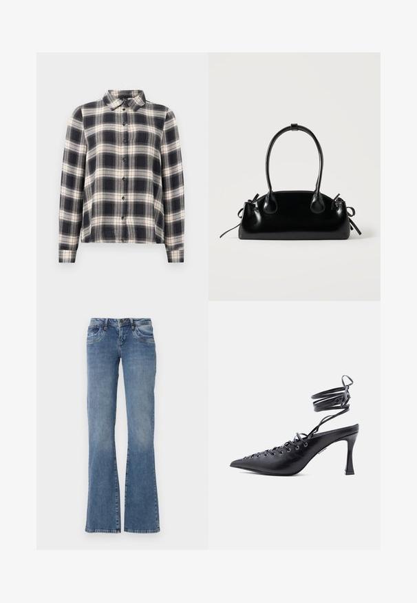 Langærmet ternet skjorte i navy, hvid og beige. Har standard krave, knaplukning fortil og blødt stof med ternet mønster.; Blå denim jeans med forlommer, bæltestropper og en let flare forneden, vist imod en hvid baggrund.; Sort spids tå højhælet sko med omsluttende ankelremme og flere snørehuller foran til snøring.; Lille sort blank håndtaske med to lange håndtag og snøre-detaljer i siden på en ensfarvet lys baggrund.