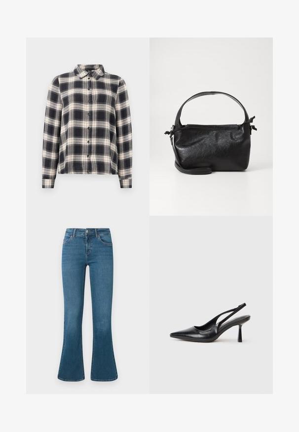 Langærmet ternet skjorte i navy, hvid og beige. Har standard krave, knaplukning fortil og blødt stof med ternet mønster.; Blå denim flared jeans med en mellemhøj talje, fem-lomme design og diskrete syninger. Glat tekstur med en klassisk vask.; Sort læderslagback højhælet sko med spids tå og slank hæl på en hvid baggrund.; Sort læderhåndtaske med et struktureret design, rund tophåndtag og aftagelig skulderrem. Den har en glat tekstur og en subtil glans.