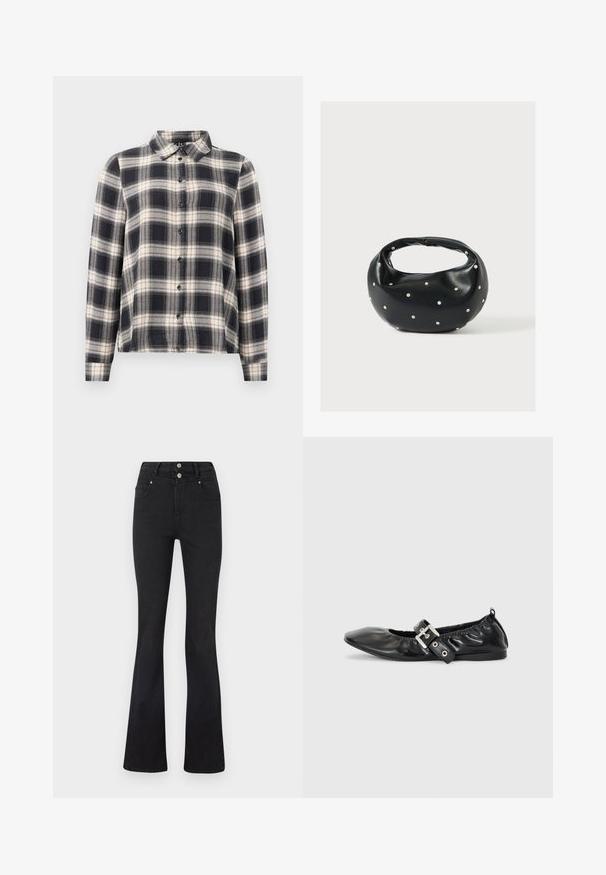 Langærmet ternet skjorte i navy, hvid og beige. Har standard krave, knaplukning fortil og blødt stof med ternet mønster.; Sorte højtaljede jeans med flared ben, forlommer, bæltestropper og to sølvknapper ved taljen.; Sorte læder flade sko med spids tå, samling detaljer omkring åbningen, og en sølv spænde accent på den justerbare rem.; Sort læderhåndtaske med en rundet form, dekoreret med sølvnitter, og et kort håndtag. Glat tekstur og lynlåslukning.