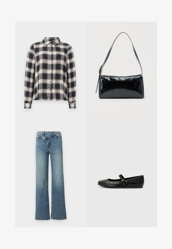 Chemise à manches longues à carreaux dans des teintes marine, blanche et beige. Dotée d'un col standard, d'une fermeture à boutons sur le devant et d'un tissu doux avec un motif à carreaux.; Jean en denim bleu clair à jambes larges avec une taille haute, un délavage clair et une fermeture à bouton à l'avant. Comprend cinq poches et des coutures minimales.; Ballerines en cuir noir avec un bout arrondi, une semelle plate et une fine sangle ajustable sur le cou-de-pied avec une boucle en métal.; Sac d'épaule rectangulaire noir avec une sangle réglable unique et une fermeture éclair supérieure sur un fond uni.