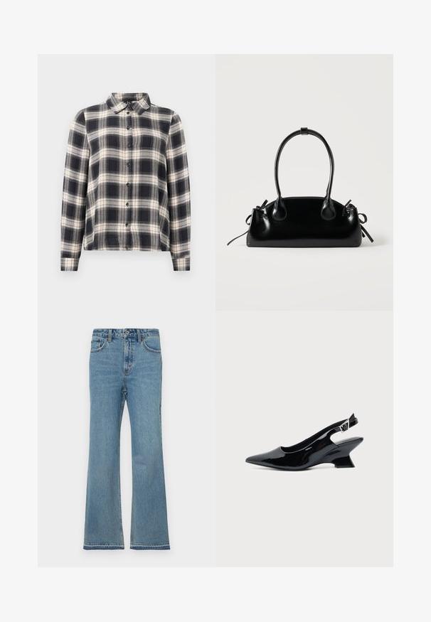 Langærmet ternet skjorte i navy, hvid og beige. Har standard krave, knaplukning fortil og blødt stof med ternet mønster.; Lyseblå denim jeans med flared pasform, høj talje, fem lommer, diskret slitage og syede detaljer langs sømmene.; Sort laklæder slingback sko med spids tå og lav vinklet blokhæl på ensartet lys baggrund.; Lille sort blank håndtaske med to lange håndtag og snøre-detaljer i siden på en ensfarvet lys baggrund.