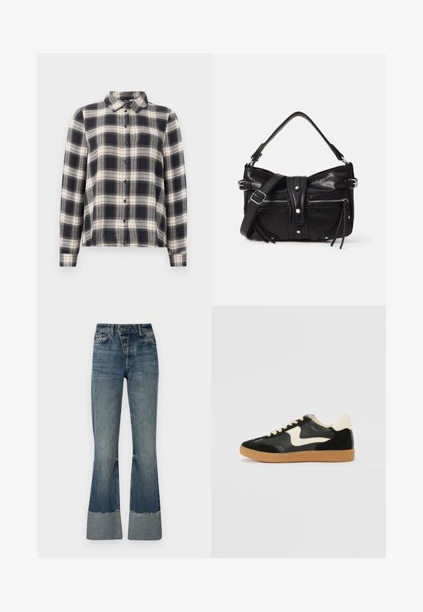 Camisa de cuadros de manga larga en azul marino, blanco y beige. Presenta un cuello estándar, cierre frontal con botones y una tela suave con un patrón de cuadros.; Jeans de mezclilla acampanados en azul medio con cintura alta, cinco botones y dobladillo deshilachado. Presentan un puño más claro en la parte inferior y una textura desvanecida.; Zapatillas de deporte de ante y cuero negro con un swoosh lateral en crema y un talón en crema claro. Presenta cordones beige y una suela de goma marrón.; Even&Odd H24462 - Bolso de mano - black