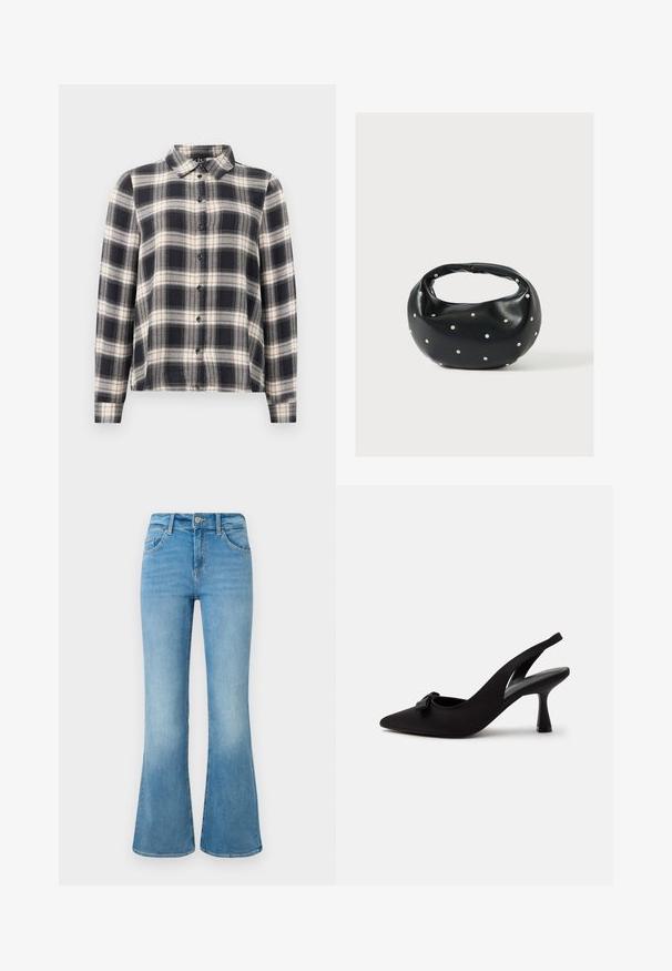 Langarmkariertes Hemd in Marineblau, Weiß und Beige. Mit einem Standardkragen, Knopfleiste und weichem Stoff mit Karomuster.; Hellblaue Denim-Flaggenjeans mit Fronttaschen, Gürtelschlaufen und einer Knopfverschlus gegen einem weißen Hintergrund.; Schwarzer Slingback-Pumps mit spitzer Kappe, kleinem Schleifendetail vorne und schmalem Absatz, vor weißem Hintergrund gezeigt.; Schwarze Lederhandtasche mit abgerundeter Form, verziert mit silbernen Nietenakzenten und kurzem Griff. Glatte Struktur und Reißverschlussverschluss.