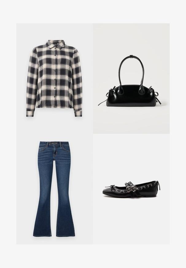 Camisa de cuadros de manga larga en azul marino, blanco y beige. Presenta un cuello estándar, cierre frontal con botones y una tela suave con un patrón de cuadros.; Jeans acampanados en denim azul oscuro, con un diseño clásico de cinco bolsillos, costuras en contraste y cierre frontal con cremallera y botón.; Zapato de ballet plano negro con correas de doble hebilla, ojales plateados y un pequeño lazo cerca de la puntera redondeada sobre un fondo blanco.; Pequeño bolso negro brillante con dos asas largas y detalles de cordón lateral sobre un fondo claro liso.