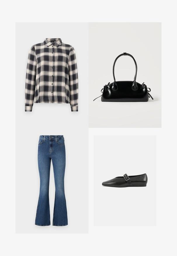 Langærmet ternet skjorte i navy, hvid og beige. Har standard krave, knaplukning fortil og blødt stof med ternet mønster.; Blå flared denimjeans med høj talje, der har et standard design med fem lommer og knaplukning. Blød tekstur med lettonede detaljer.; Sorte læder flade sko med spidse tæer, prydet med en metallisk spænde over vristen og en lav, fleksibel sål.; Lille sort blank håndtaske med to lange håndtag og snøre-detaljer i siden på en ensfarvet lys baggrund.