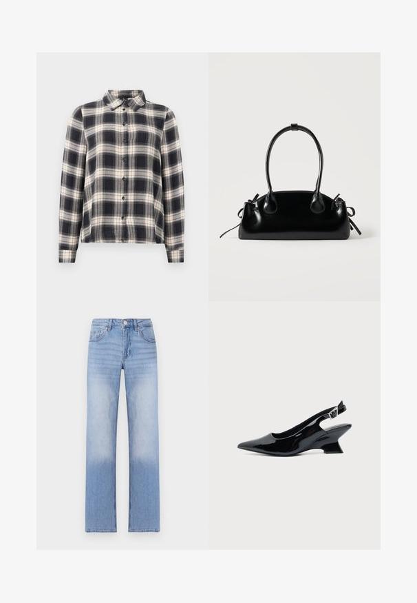 Langarmkariertes Hemd in Marineblau, Weiß und Beige. Mit einem Standardkragen, Knopfleiste und weichem Stoff mit Karomuster.; Hellblaue Denim-Jeans mit geradem Bein, ausgestattet mit einer ausgeblichenen Waschung im unteren Bereich und klassischem Fünf-Taschen-Design.; Schwarzer Slingback-Schuh aus Lackleder mit spitzer Spitze und niedrigem, schrägem Blockabsatz auf einfachem hellem Hintergrund.; Kleine schwarze glänzende Handtasche mit zwei langen Griffen und seitlichen Kordelzug-Details vor einfachem hellem Hintergrund.