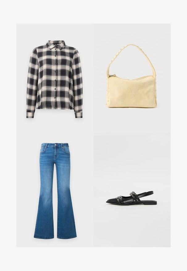 Langwerpig overhemd met lange mouwen in marineblauw, wit en beige. Bevat een schouderkraag, knoopsluiting aan de voorkant en een zachte stof met een geruit patroon.; Flared blauwe denim jeans met een medium hoge taille, vijf zakken en vervaagde details op de dijen. Zilveren accenten op de knopen.; Even&Odd by Zalando Slingback ballerina´s - black; Kleine beige leren handtas met een enkele band en zilveren studs langs de randen en band, tegen een effen achtergrond.
