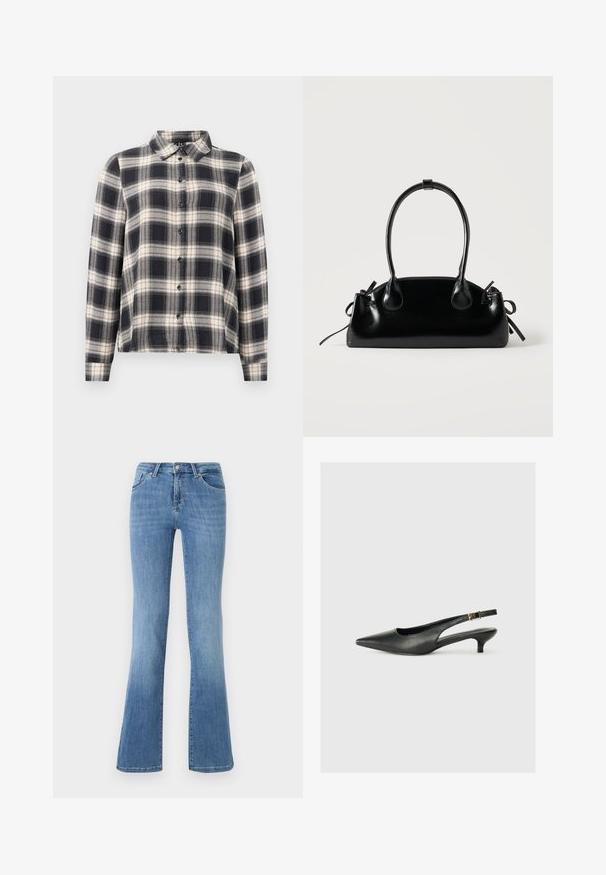 Langærmet ternet skjorte i navy, hvid og beige. Har standard krave, knaplukning fortil og blødt stof med ternet mønster.; Lysblå flagrende jeans lavet af denim, med fem lommer, frontlynlås og knaplukning. Afbleget mønster på lårene og kanten.; Sorte spidse slingback-sko lavet af glat læder. Har en tynd hæl og en spænde detalje på den justerbare rem.; Lille sort blank håndtaske med to lange håndtag og snøre-detaljer i siden på en ensfarvet lys baggrund.
