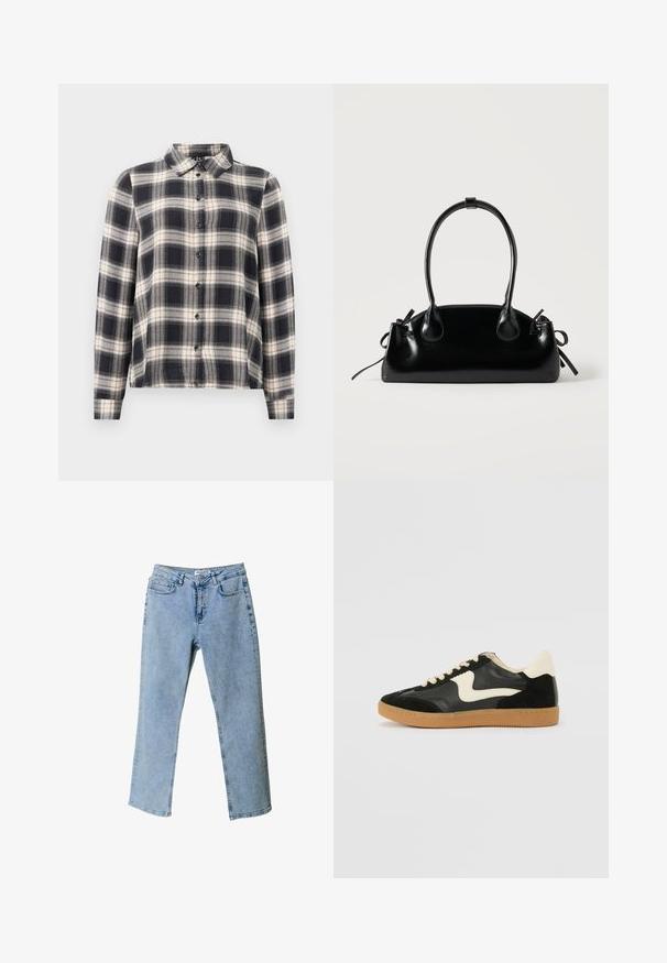 Chemise à manches longues à carreaux dans des teintes marine, blanche et beige. Dotée d'un col standard, d'une fermeture à boutons sur le devant et d'un tissu doux avec un motif à carreaux.; Jean en denim bleu clair avec une coupe droite, style cinq poches et une étiquette à la taille. Présente des zones décolorées pour ajouter une texture.; Baskets en daim et cuir noir avec un swoosh latéral crème et un talon crème clair. Dotées de lacets beige et d'une semelle en caoutchouc gomme.; Petit sac à main noir brillant avec deux longues anses et des détails à cordon sur les côtés sur un fond clair uni.