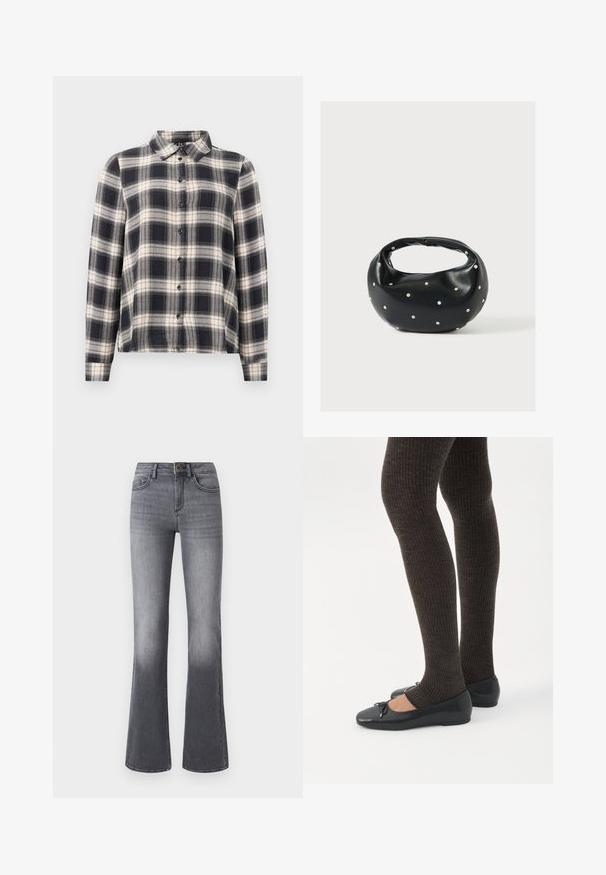 Langærmet ternet skjorte i navy, hvid og beige. Har standard krave, knaplukning fortil og blødt stof med ternet mønster.; Højtaljede, brede jeans i mørkegråt denim med forlommer, knaplukning og subtilt falmede effekter mod kanten.; Ben iført mørke ribbede leggings kombineret med sorte balletsko med små sløjfedetaljer på hvid baggrund.; Sort læderhåndtaske med en rundet form, dekoreret med sølvnitter, og et kort håndtag. Glat tekstur og lynlåslukning.
