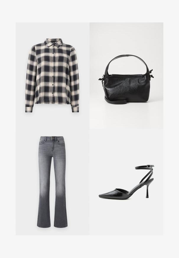 Langærmet ternet skjorte i navy, hvid og beige. Har standard krave, knaplukning fortil og blødt stof med ternet mønster.; Højtaljede, brede jeans i mørkegråt denim med forlommer, knaplukning og subtilt falmede effekter mod kanten.; Sort spids højhælet sko med tynde ankelremme og sølvspænde på en ensfarvet lys baggrund.; Sort læderhåndtaske med et struktureret design, rund tophåndtag og aftagelig skulderrem. Den har en glat tekstur og en subtil glans.