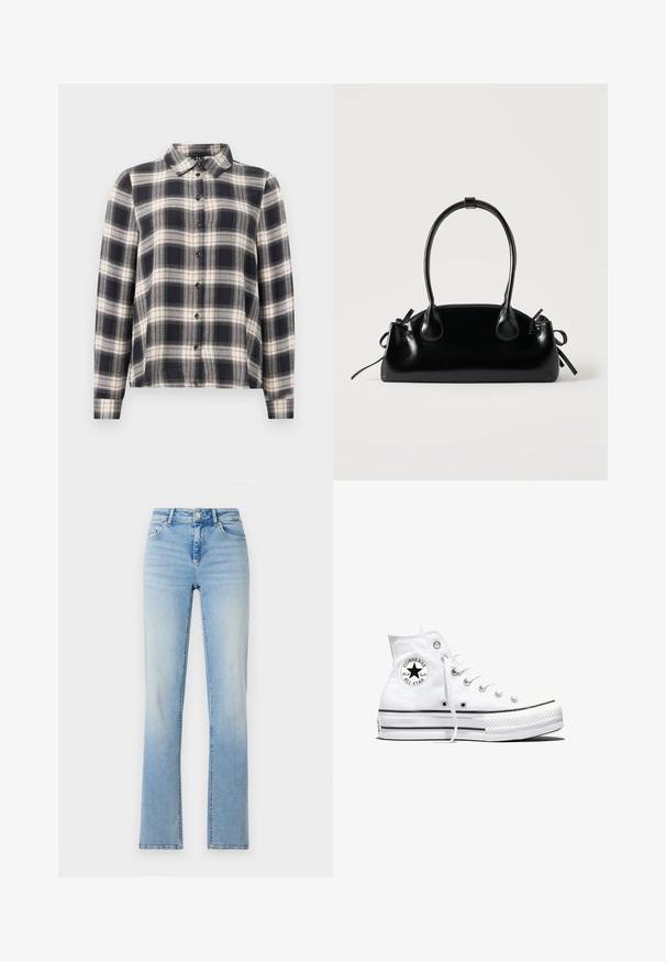 Langærmet ternet skjorte i navy, hvid og beige. Har standard krave, knaplukning fortil og blødt stof med ternet mønster.; Lyseblå denimjeans med høj talje, lige ben og subtilt slid. Har fem lommer og bæltestropper.; Hvid højtop Converse Chuck Taylor All Star-sneaker med sort logo-patch og hvide snørebånd, vist på hvid baggrund.; Lille sort blank håndtaske med to lange håndtag og snøre-detaljer i siden på en ensfarvet lys baggrund.