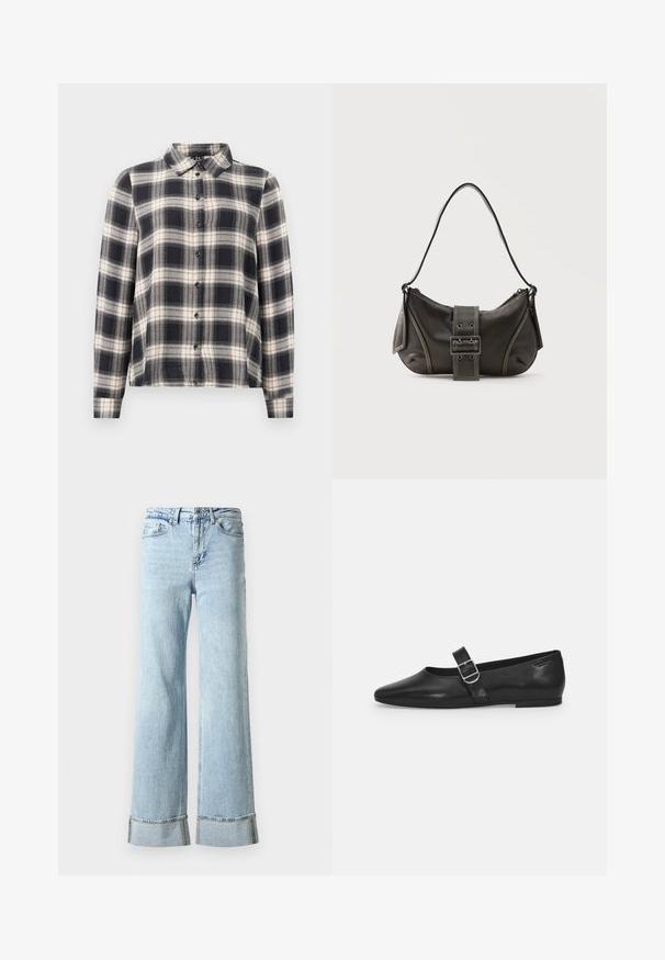 Langarmkariertes Hemd in Marineblau, Weiß und Beige. Mit einem Standardkragen, Knopfleiste und weichem Stoff mit Karomuster.; Hellblaue Jeans aus Denim mit weitem Bein, ausgefransten Säumen und dekorativer Strassverzierung an den Bündchen. Standardmäßiges Fünf-Taschen-Design.; Schwarzer Lederflatschuh mit runder Zehenform, einem verstellbaren Schnallenriemen und einer glatten, glänzenden Oberfläche. Minimalistisches Design mit einem niedrigen Absatz.; Schwarze Leder-Schultertasche mit Schnallengurt-Detail, abgerundeten Kanten und kontrastierenden weißen Nähten auf schlichtem Hintergrund.