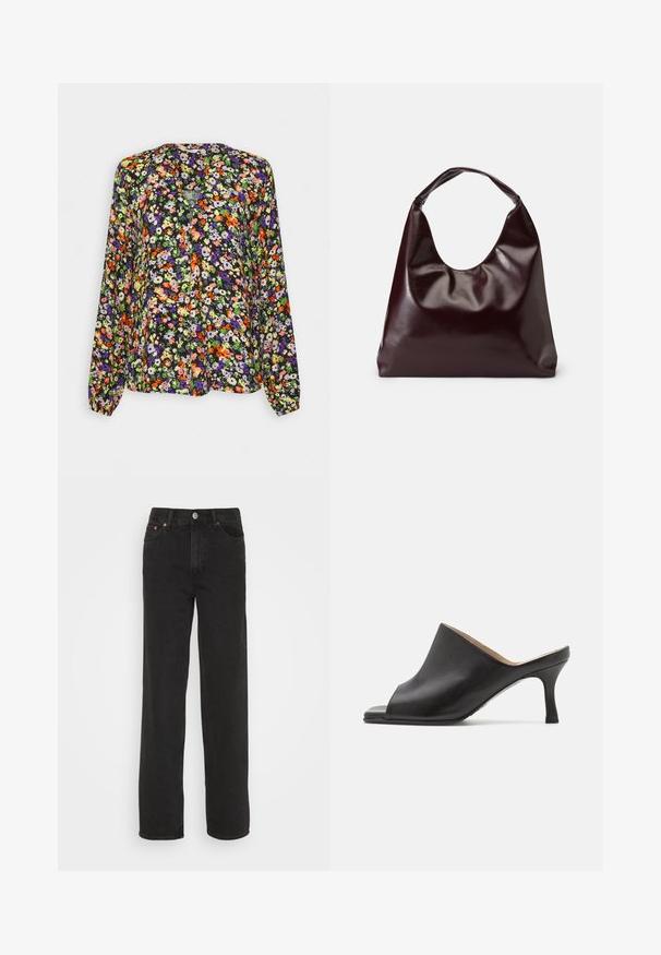 Langærmet bluse med livligt orange, lilla, grøn og hvidt blomsterprint på sort baggrund, med kravefri halsudskæring.; Sorte lige jeans med fem lommer, forknap og bæltesløjfer, præsenteret mod en hvid baggrund.; Selected ASHLEY - Mules med hæl - black; Bordeaux, skinnende vegansk læder tote taske med en blød, skulpturel form og et bredt, buet håndtag for nem bæring.