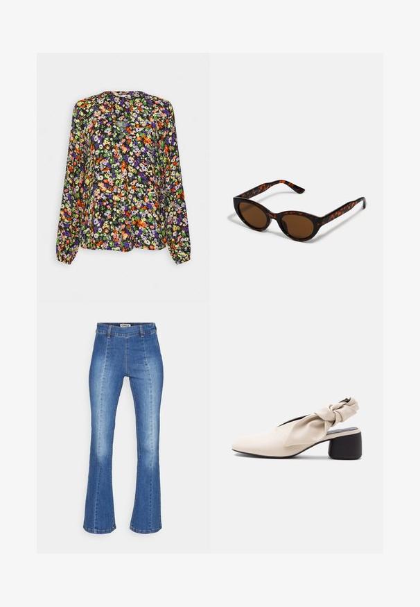 Langärmelige Bluse mit lebhaftem orange-, violett-, grün- und weißfarbenem Blumenmuster auf schwarzem Hintergrund, mit kragenlosem Ausschnitt.; Helle blaue ausgestellte Jeans aus Denim, mit hoher Taille, zwei Fronttaschen und subtiler Ausbleichung für Textur. Die Nähte sind sichtbar.; Beiger Damenschuh mit niedrigem Absatz, spitz zulaufender Spitze und verdrehtem Riemendetail über dem Spann und der Ferse.; Braune Schildpatt-Sonnenbrille mit einer Vintage-Cat-Eye-Form und braunen Gläsern. Verfügt über gebogene Bügel mit roten Akzenten.