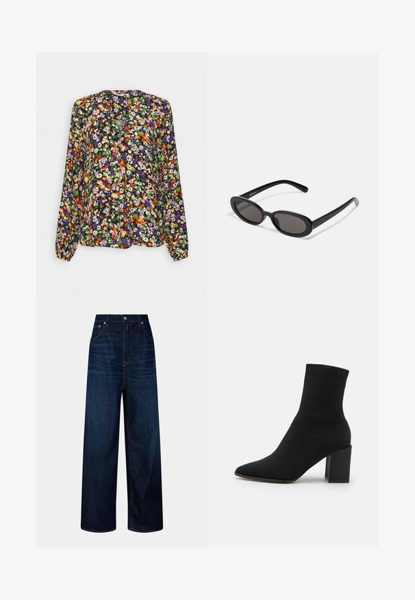 Blouse met lange mouwen en een levendig oranje, paars, groen en wit bloemmotief op een zwarte achtergrond, met een kraagloze halslijn.; Hoge taille donkerblauwe wijdvallende jeans met voorzakken, knoop- en ritssluiting, weergegeven tegen een effen achtergrond.; Zwarte enkellaars gemaakt van rekbaar stof, met een spitse neus en een vierkante blokhak, afgewerkt met ribbelrand aan de bovenkant.; Even&Odd Zonnebril - black