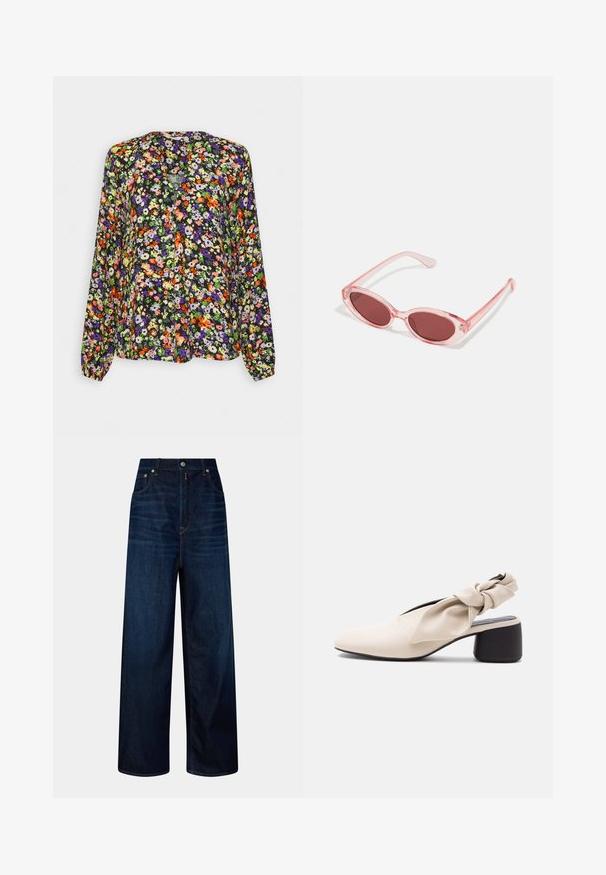 Langärmelige Bluse mit lebhaftem orange-, violett-, grün- und weißfarbenem Blumenmuster auf schwarzem Hintergrund, mit kragenlosem Ausschnitt.; Hochtaillierte dunkelblaue weit geschnittene Jeans mit Fronttaschen, Knopf- und Reißverschluss, vor einem schlichten Hintergrund präsentiert.; Beiger Damenschuh mit niedrigem Absatz, spitz zulaufender Spitze und verdrehtem Riemendetail über dem Spann und der Ferse.; Pink transparente Sonnenbrille mit ovalen Gläsern, dunkler roter Tönung und schlanken Bügeln, ausgestattet mit einer glatten Oberfläche und dezenten Details am Rahmen.