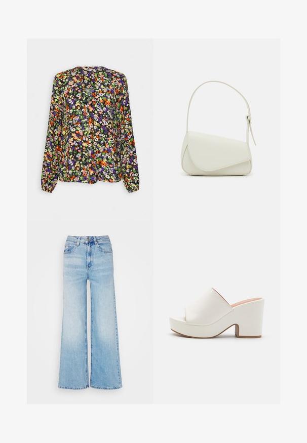 Langærmet bluse med livligt orange, lilla, grøn og hvidt blomsterprint på sort baggrund, med kravefri halsudskæring.; Lyseblå jeans med høj talje og vide ben, lukkes med knapper og lynlås foran, bæltestropper og klassisk design med fem lommer.; Hvide platformmules med en glat overflade, åben tå-design og en kraftig hæl. Har en subtil overfladiskøm og en kontrastfarvet sål.; Hvid taske i faux læder med en struktureret trekantet form, enkelt justerbart skulderstrop og en flaplås med kurver.