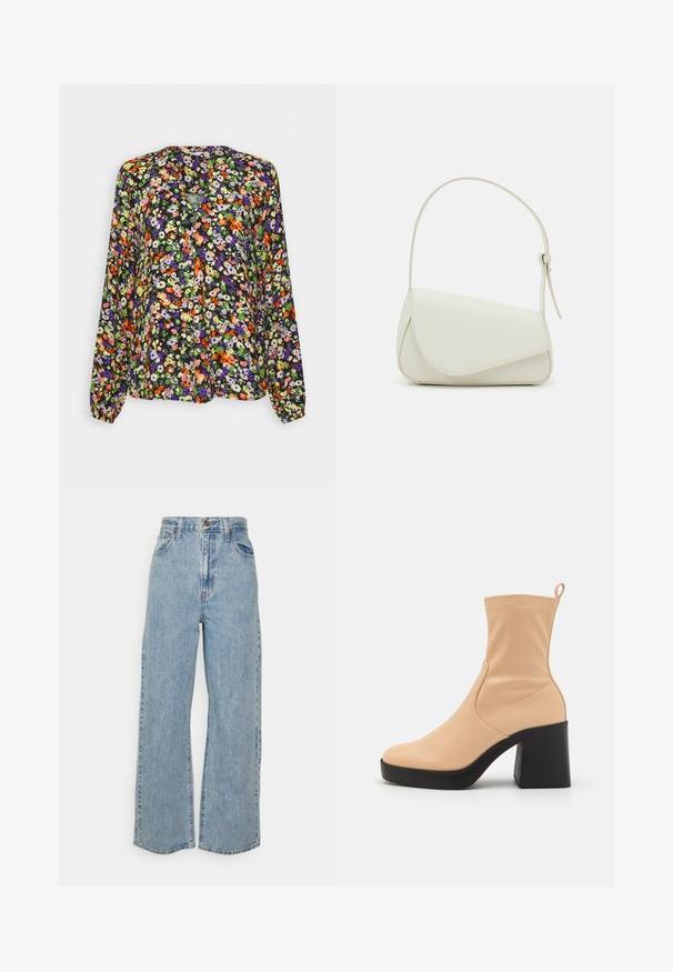 Langärmelige Bluse mit lebhaftem orange-, violett-, grün- und weißfarbenem Blumenmuster auf schwarzem Hintergrund, mit kragenlosem Ausschnitt.; Hellblaue, weit geschnittene Jeans mit hoher Taille, vorderem Knopf, Reißverschluss und Fünf-Taschen-Design auf neutralem Hintergrund.; Beige Knöchelstiefel aus glattem Material mit runder Spitze, elastischer Seite und einem dicken schwarzen Blockabsatz. Mit einer Schlaufe an der Rückseite.; Weiße Kunstleder-Handtasche mit einer strukturierten dreieckigen Form, einem verstellbaren Einzelgurt und einem Klappenverschluss mit geschwungenen Akzenten.