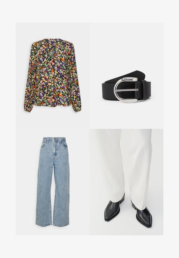 Blusa de manga larga con vibrante estampado floral en naranja, morado, verde y blanco sobre fondo negro, con escote sin cuello.; Jeans de mezclilla de pierna ancha en azul claro con cintura alta, cierre de botón frontal, cremallera y diseño de cinco bolsillos sobre fondo liso.; Botas de tobillo negras con punta afilada y acabado de cuero liso, con tacones bajos y bloque, combinadas con pantalones blancos de pierna ancha. Diseño simple y moderno.; Cinturón de cuero negro con una hebilla de metal plateada, con una textura suave y un diseño clásico. La correa tiene un ancho de 1.5 pulgadas.
