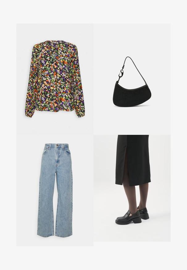 Blusa de manga larga con vibrante estampado floral en naranja, morado, verde y blanco sobre fondo negro, con escote sin cuello.; Jeans de mezclilla de pierna ancha en azul claro con cintura alta, cierre de botón frontal, cremallera y diseño de cinco bolsillos sobre fondo liso.; Mujer con mocasines negros de tacón grueso, medias negras transparentes y una falda negra con una abertura trasera sobre un fondo blanco.; Bolso de mano negro con forma curva, textura suave y una correa corta con un cierre de metal. Diseño minimalista sin patrones ni acentos.