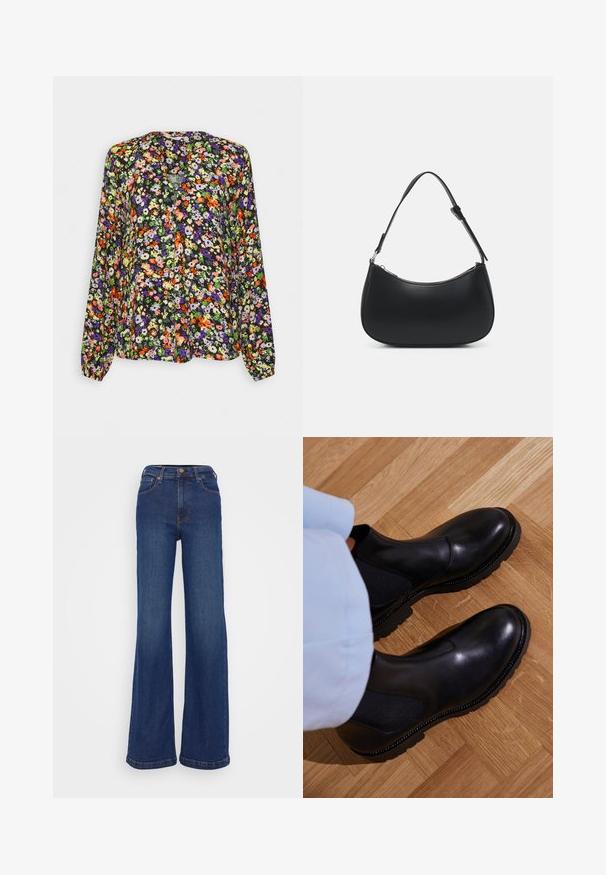 Blusa de manga larga con vibrante estampado floral en naranja, morado, verde y blanco sobre fondo negro, con escote sin cuello.; Pantalones vaqueros de pierna ancha fabricados en denim azul oscuro. Presentan una cintura alta, diseño de cinco bolsillos y costuras sutiles en las costuras.; Botas negras de tobillo hechas de cuero suave con paneles laterales elásticos, una suela de goma texturizada y costuras en contraste a lo largo del borde.; Pieces PCALUANA SHOULDER BAG - Bolso de mano - black