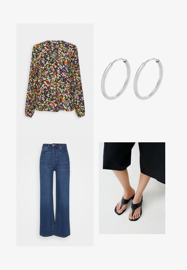 Blusa de manga larga con vibrante estampado floral en naranja, morado, verde y blanco sobre fondo negro, con escote sin cuello.; Jeans de pierna ancha y talle alto confeccionados en denim azul oscuro con una textura suave, presentan costuras estándar y cierre de botón.; Pies con sandalias de tacón negras de punta cuadrada y tiras anchas, combinadas con pantalones negros cortos sobre un suelo claro.; Pendientes de aro de plata, forma circular, textura lisa y brillante, y ancho constante en toda su extensión. Diseño minimalista sin acentos adicionales.